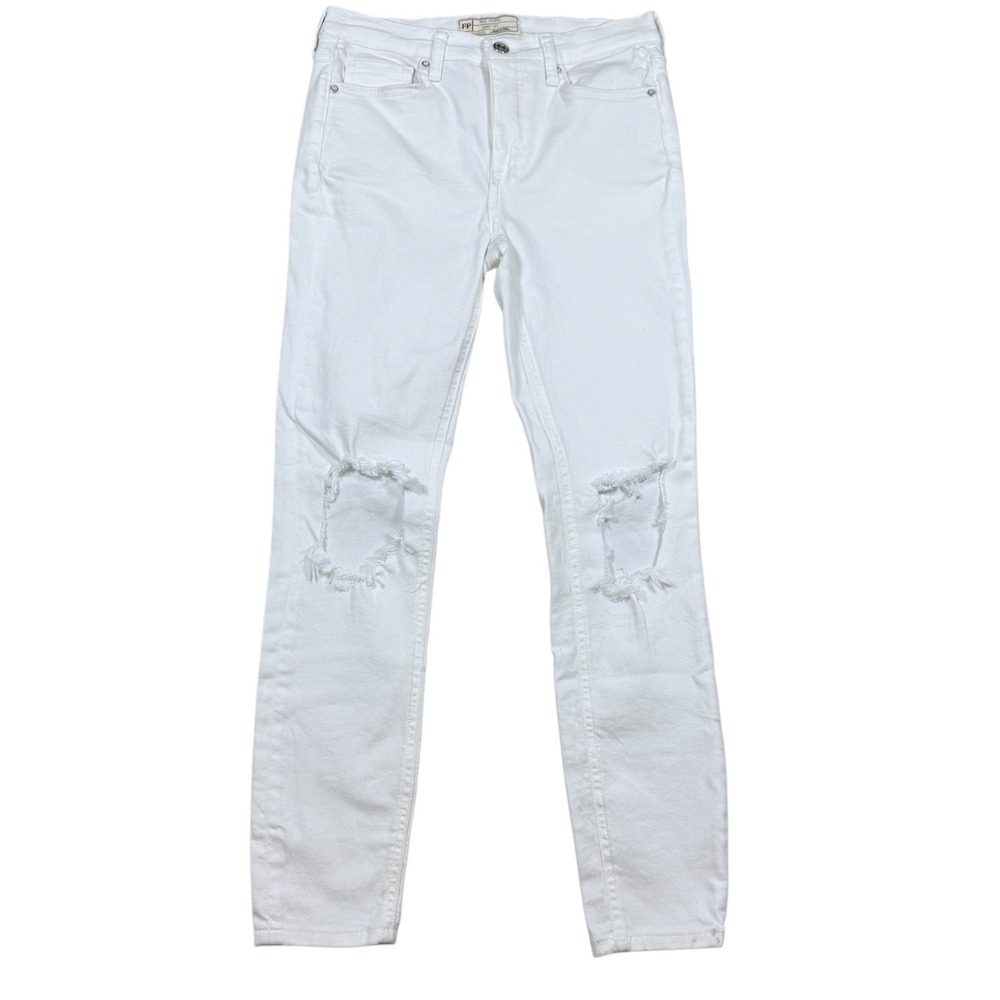 Free People White Distressed Skinny Jeans Size 27 Mid Rise Ripped Denim Pants‎